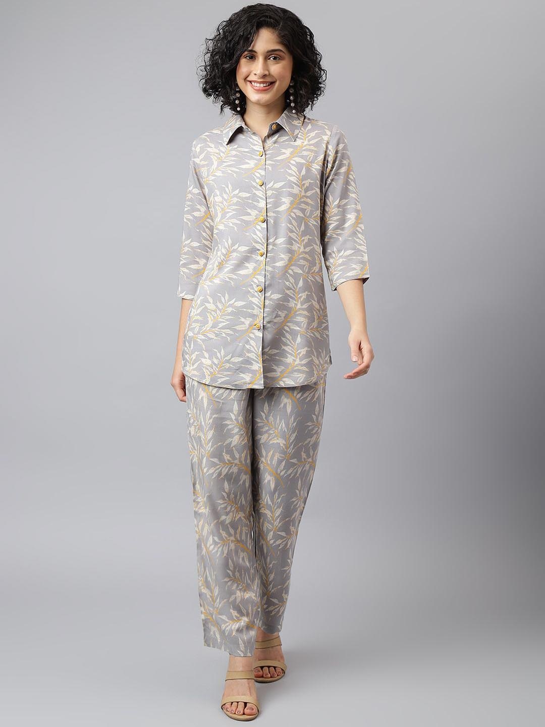 

JAIPUR ATTIRE Floral Printed Shirt & Trousers, Grey