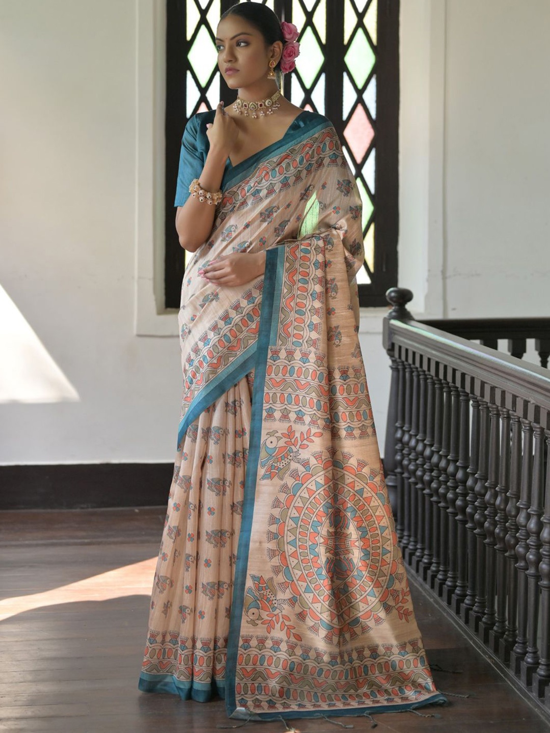 

Mitera Ethnic Motifs Printed Tussar Saree, Cream