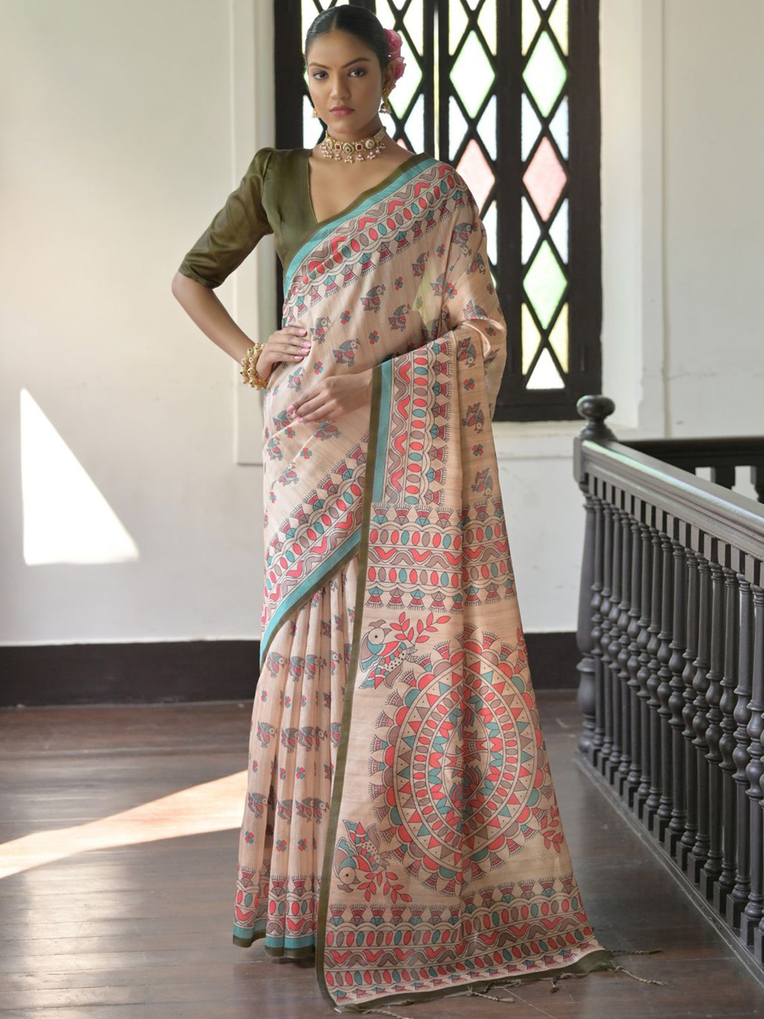 

Mitera Ethnic Motifs Printed Tussar Saree, Cream