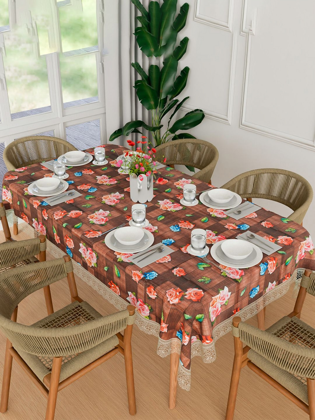 

Kuber Industries Maroon & Pink Floral Printed Waterproof 6 Seater Table Cover