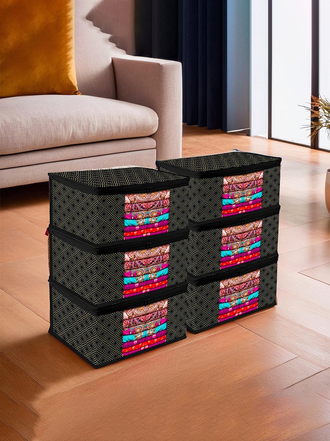 

Kuber Industries Black & Gold Toned 6 Pieces Printed Regular Drawer Organiser