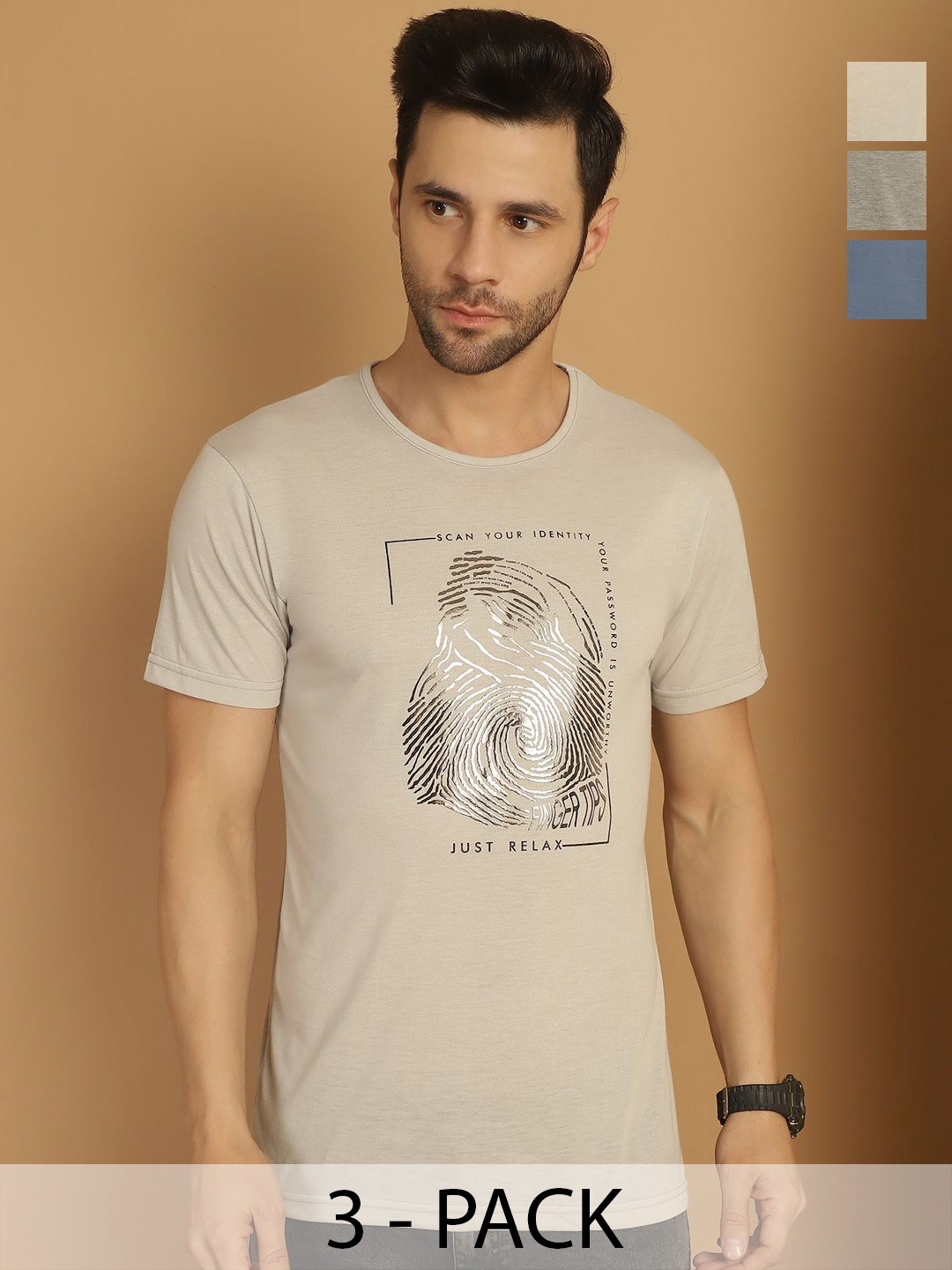 

MACK JONNEY Men Pack Of 3 Typography Printed Round Neck Cotton T-shirts, Beige