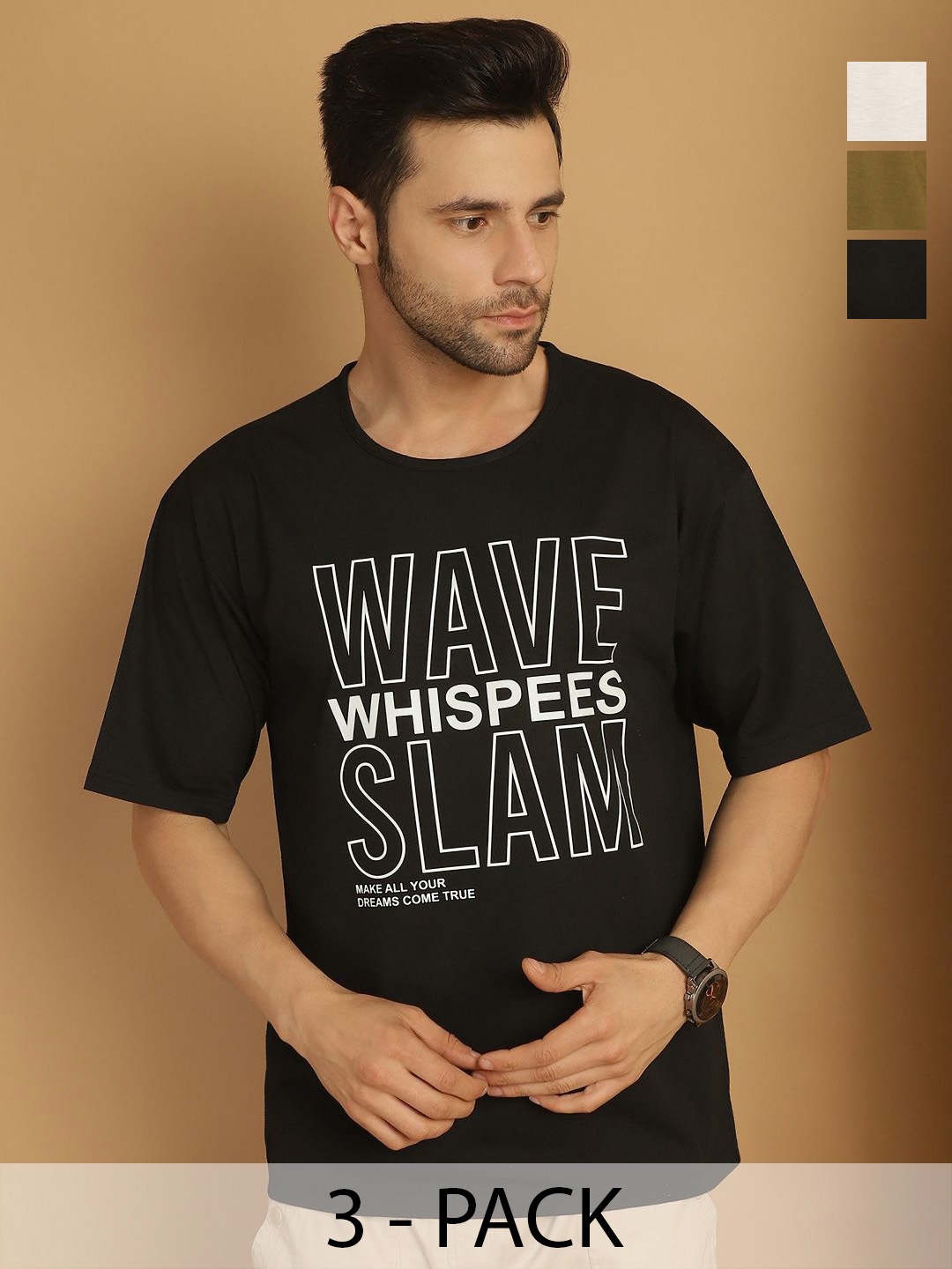 

VIMAL JONNEY Men Typography 3 Printed Drop-Shoulder Sleeves Applique T-shirt, Multi
