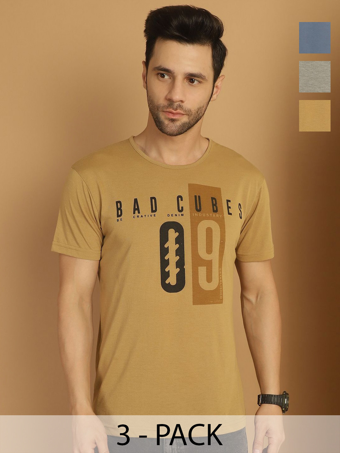 

VIMAL JONNEY Men Pack Of 3 Typography Printed Round Neck Cotton T-shirts, Teal