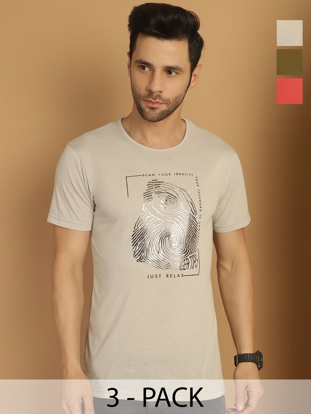 

VIMAL JONNEY Men Pack Of 3 Printed T-shirt, Cream