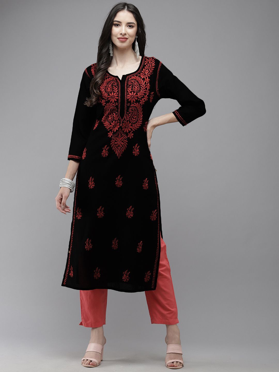 

ADA Floral Embroidered Notched Neck Lucknowi Chikankari Cotton Straight Kurta, Black