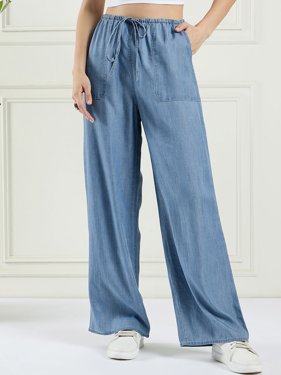 

DRAPE AND DAZZLE Denim Women Relaxed Regular Fit Mid-Rise Parallel Trousers, Blue