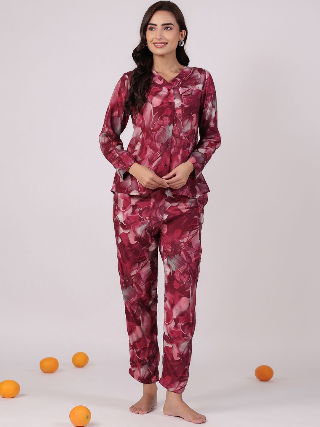 

SANSKRUTIHOMES Women Printed Night suit, Magenta