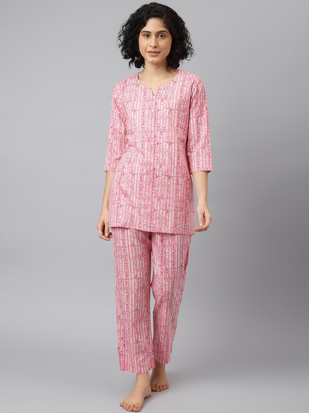 

JAIPUR ATTIRE Women Printed Drawstring Cotton Round Neck Night suit, Pink