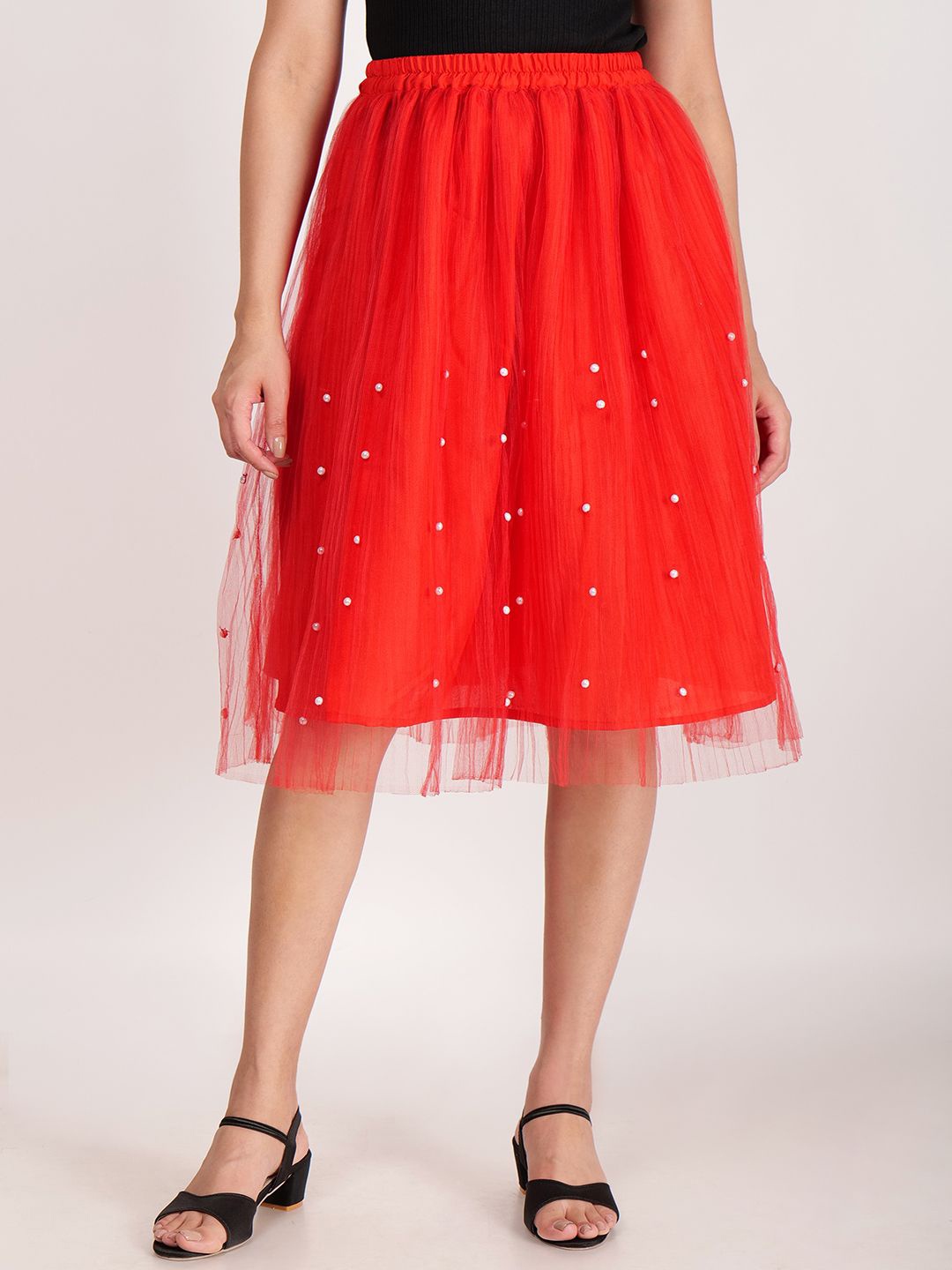 

Frolic Rolic Embellished Net Knee Length Skirt, Red