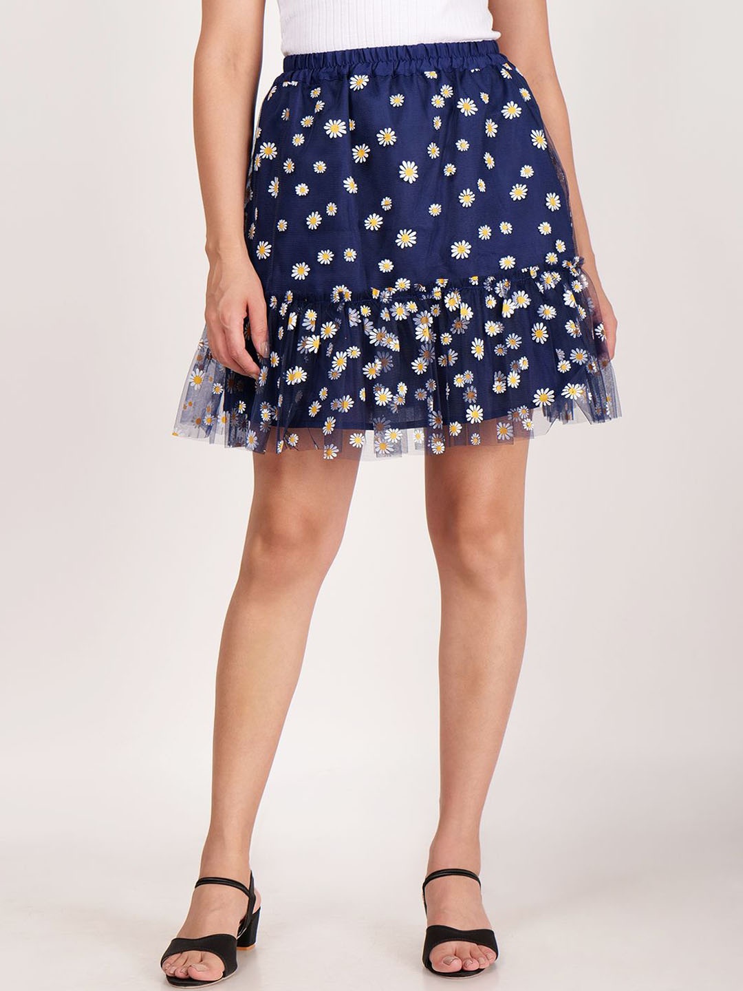 

Frolic Rolic Floral Print Net Mini Skirt, Navy blue