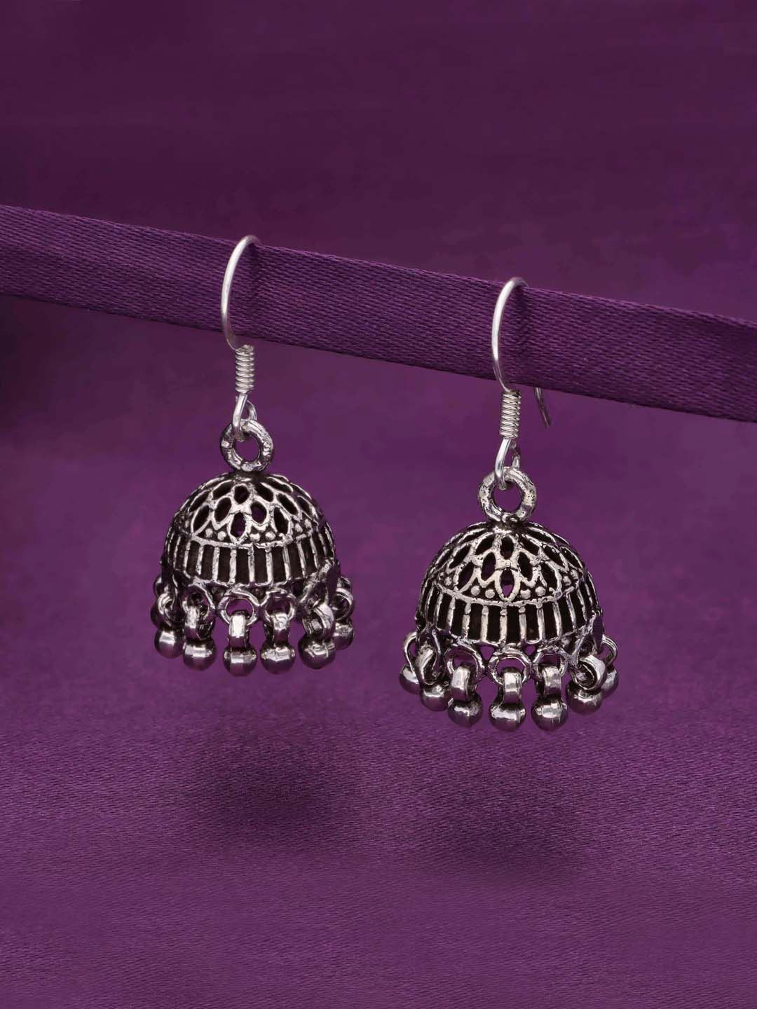 

KAI JEWEL Rhodium Plated 92.5 Sterling Silver Dome Shaped Oxidised Jhumkas