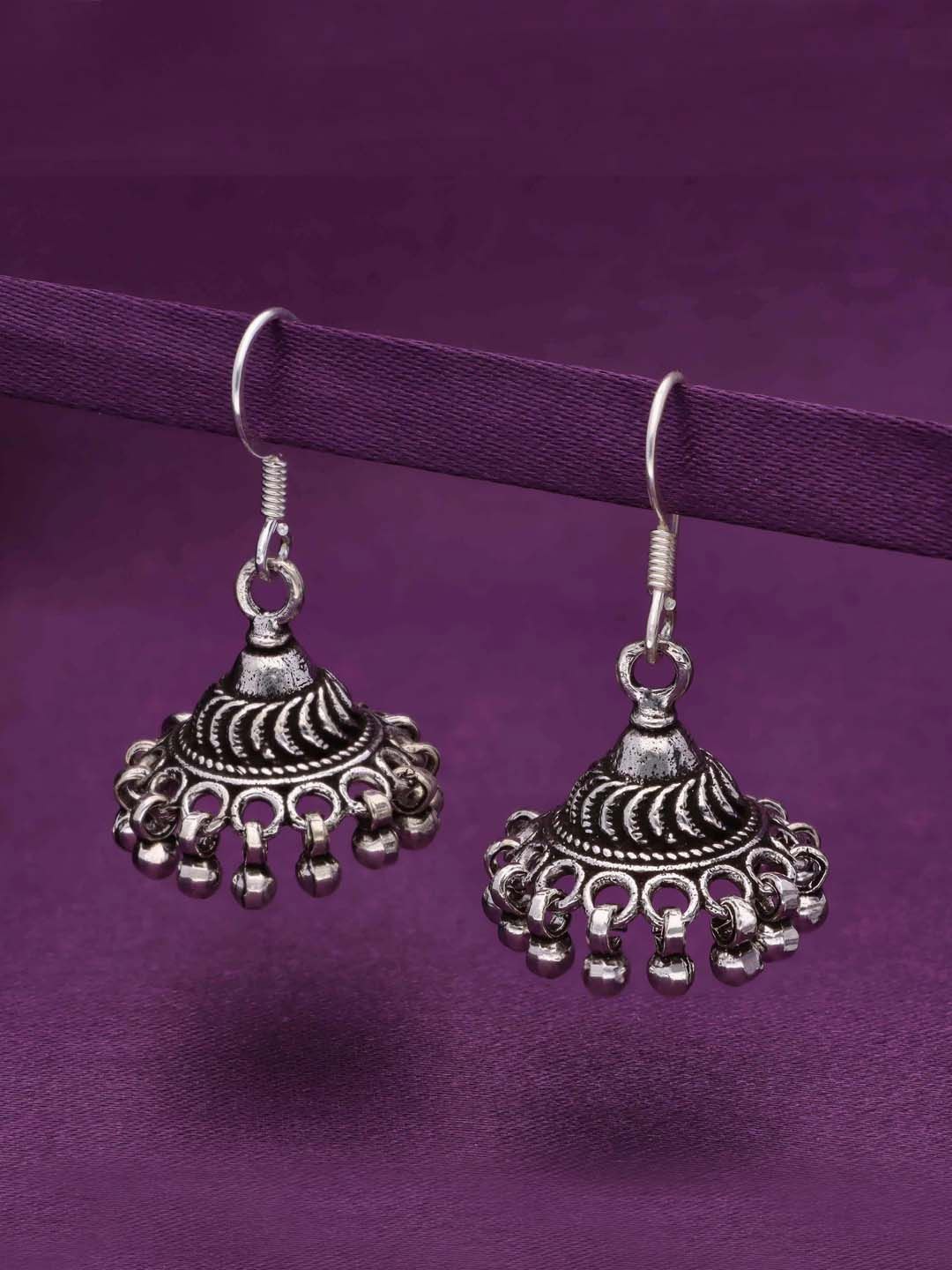 

KAI JEWEL 92.5 Sterling Silver Rhodium-Plated Dome Shaped Oxidised Jhumkas