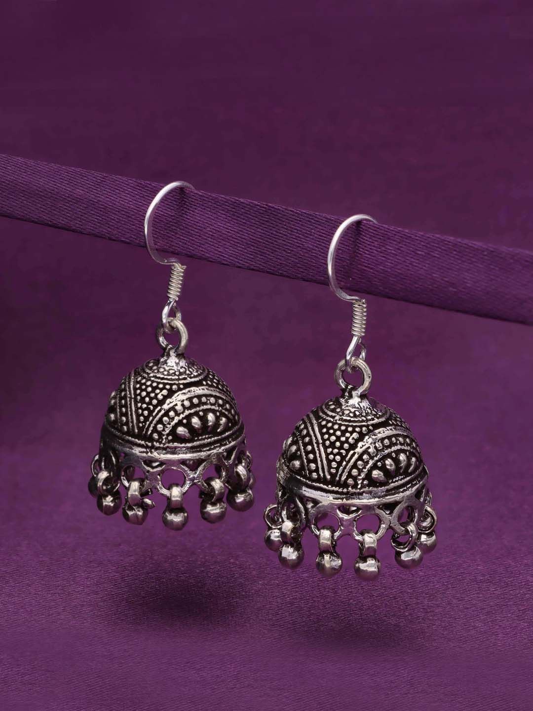 

KAI JEWEL Rhodium Plated 92.5 Sterling Silver Dome Shaped Oxidised Jhumkas
