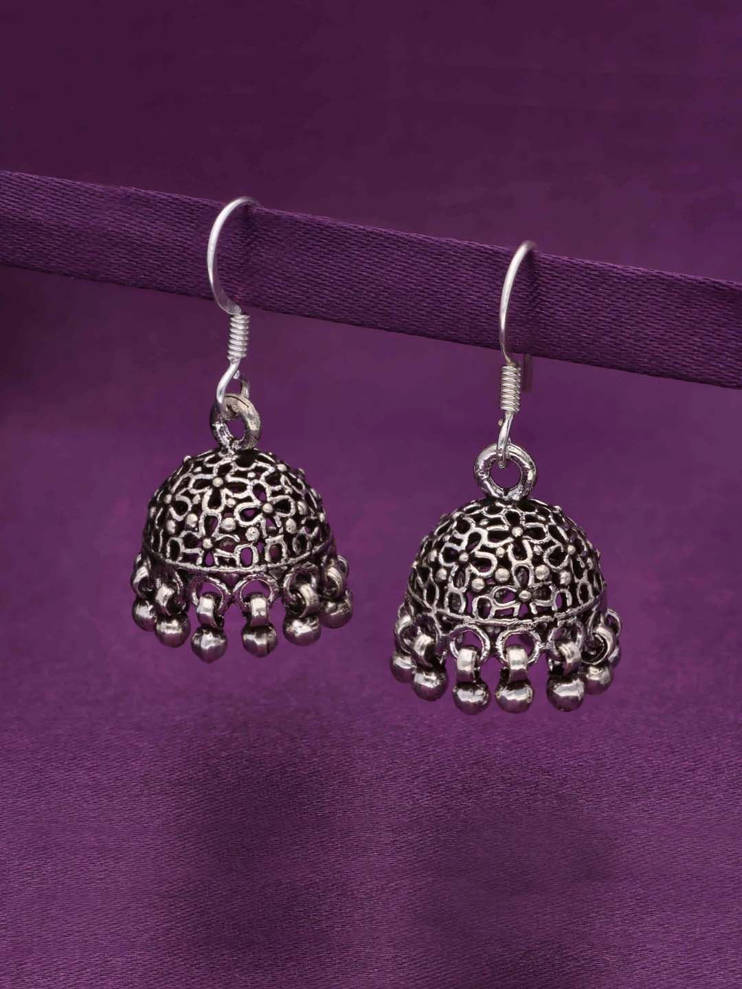 

KAI JEWEL Rhodium Plated 92.5 Sterling Silver Dome Shaped Oxidised Jhumkas