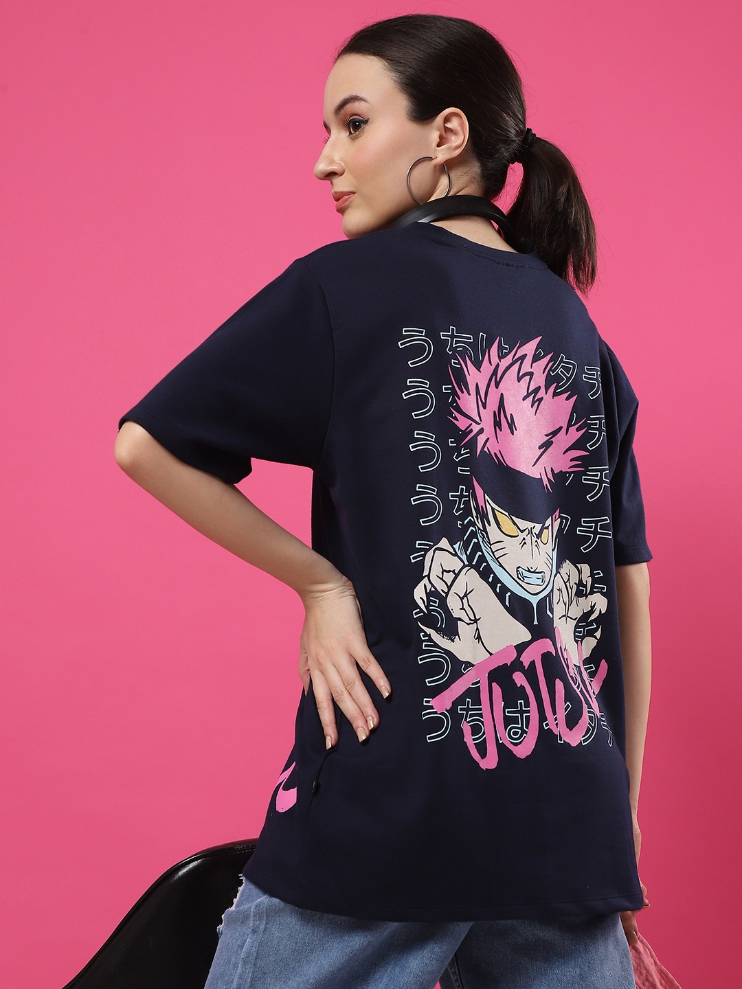 

Rigo Unisex Printed Drop-Shoulder Sleeves Oversized T-shirt, Navy blue