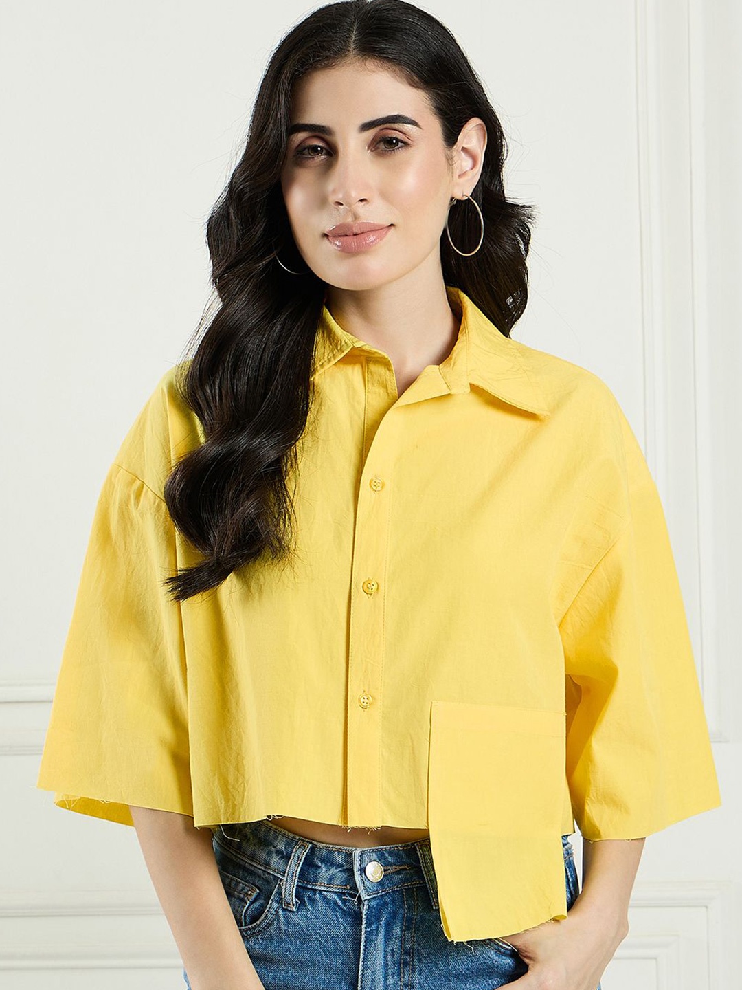 

DRAPE AND DAZZLE Women Relaxed Cotton Cropped Shirt With Fake Pocket, Yellow