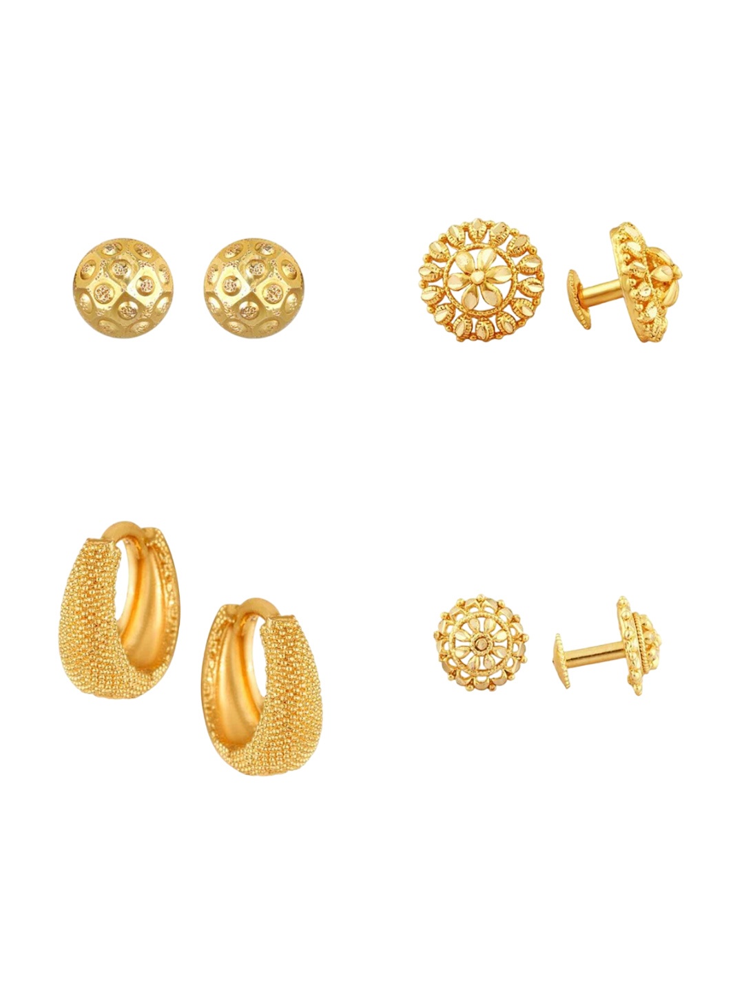 

Vighnaharta Set Of 4 Gold-Plated Floral Stud And Hoop Earrings