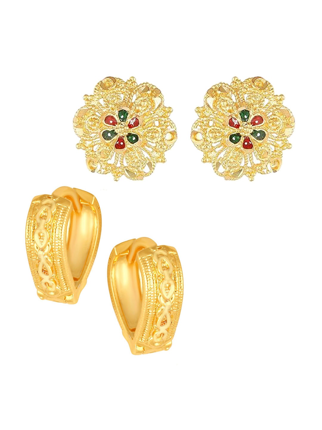 

Vighnaharta Set Of 2 Gold-Plated Floral Stud & Hoop Earrings