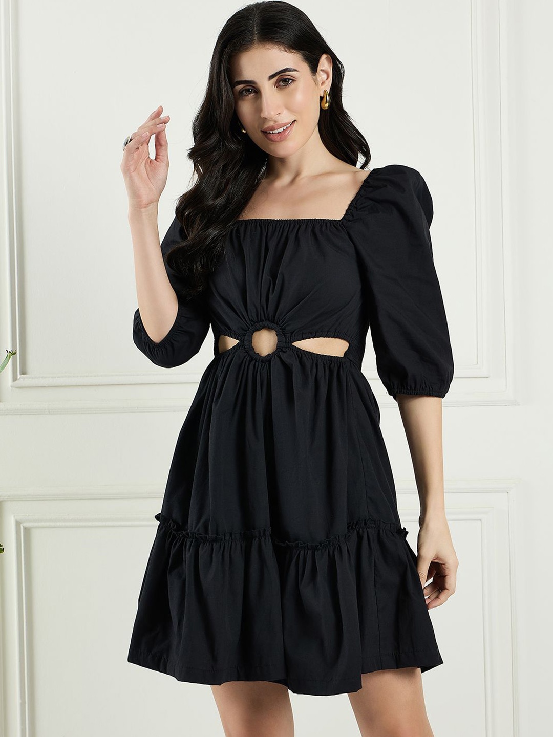 

DRAPE AND DAZZLE Puff Sleeve Cotton Fit & Flare Dress with Cut-Outs, Black