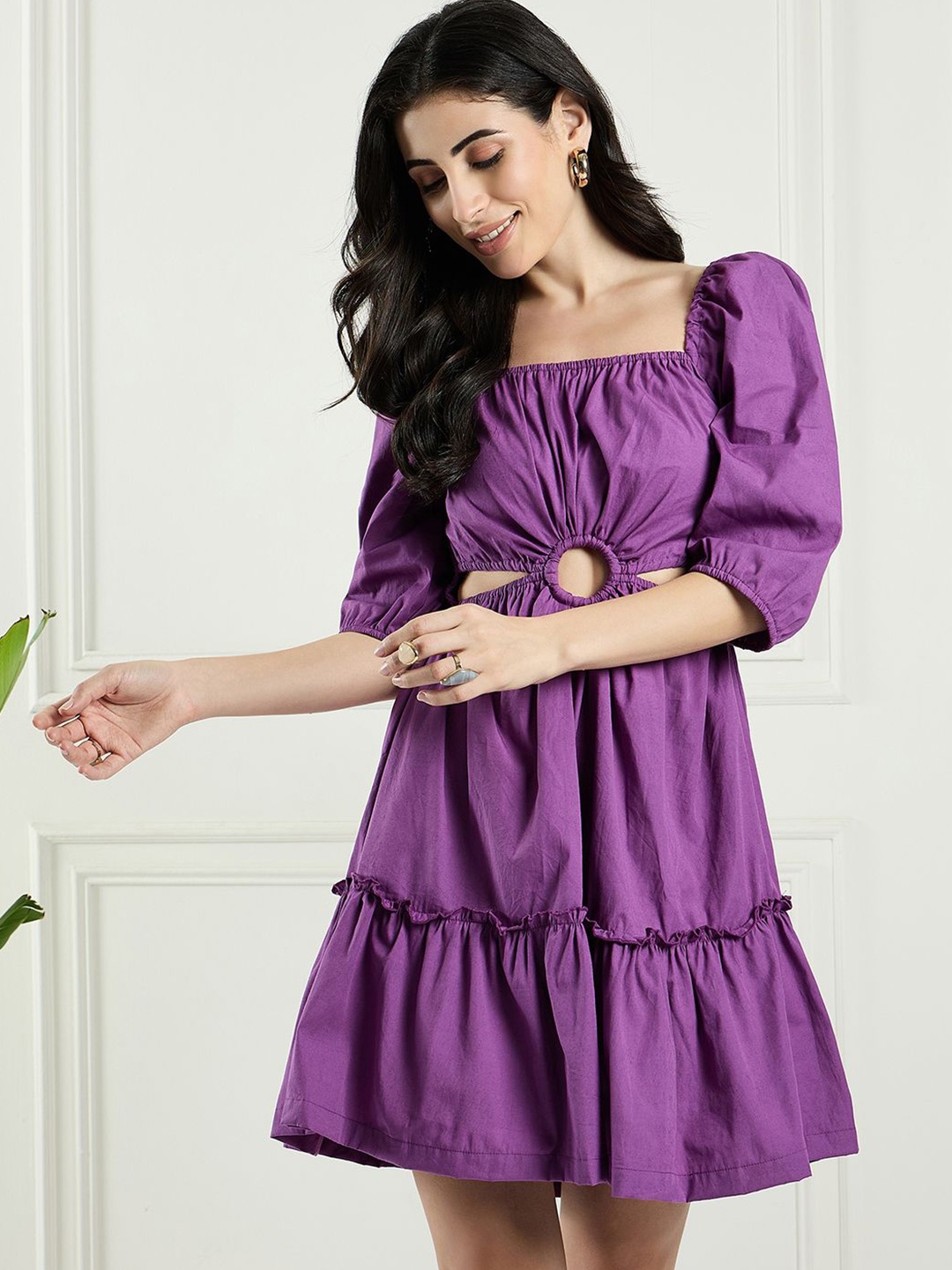 

DRAPE AND DAZZLE Puff Sleeve Cotton Fit & Flare Dress with Cut-Outs, Purple