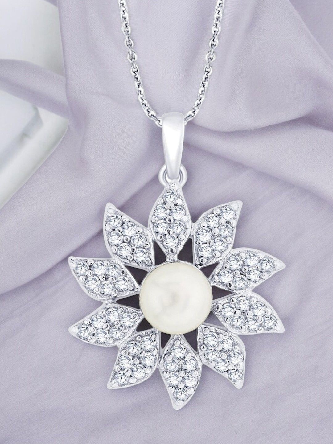 

Taraash 925 Sterling Silver Rhodium-Plated Cubic Zirconia Floral Pendant