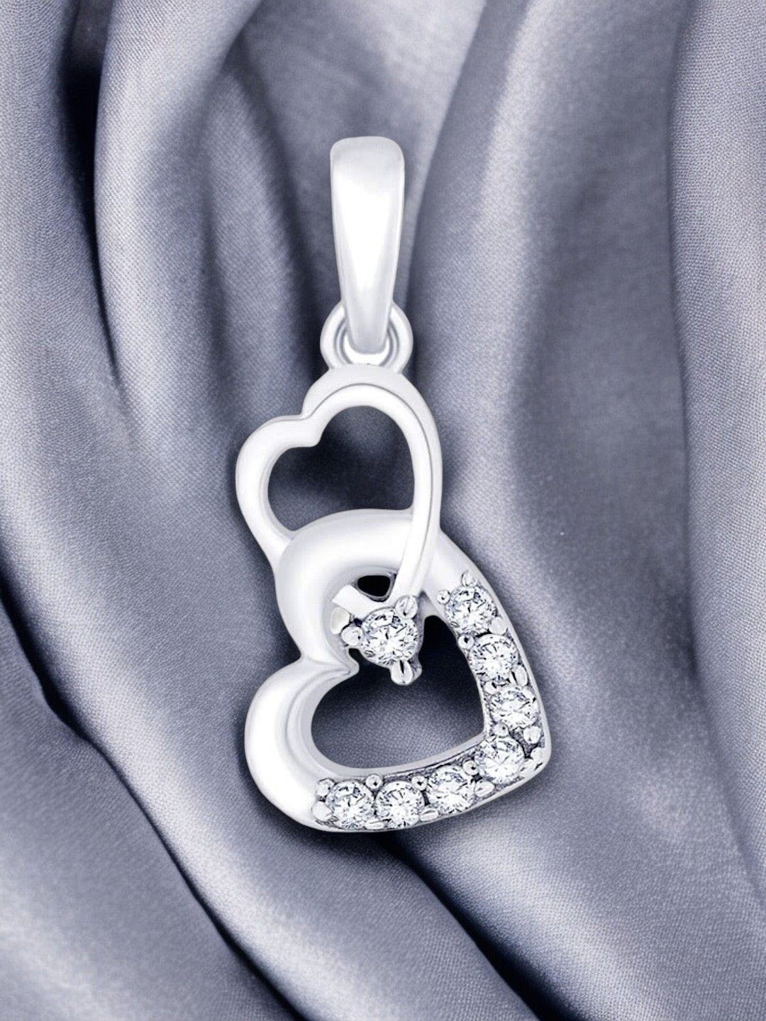 

Taraash Rhodium-Plated 925 Sterling Silver Cubic Zirconia Studded Double Heart Pendant