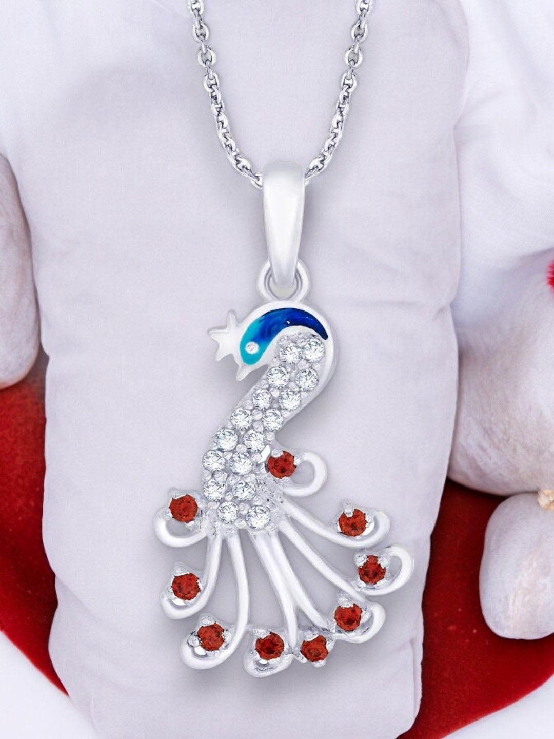 

Taraash 925 Sterling Silver Rhodium-Plated Cubic Zirconia Studded Peacock Shaped Pendant