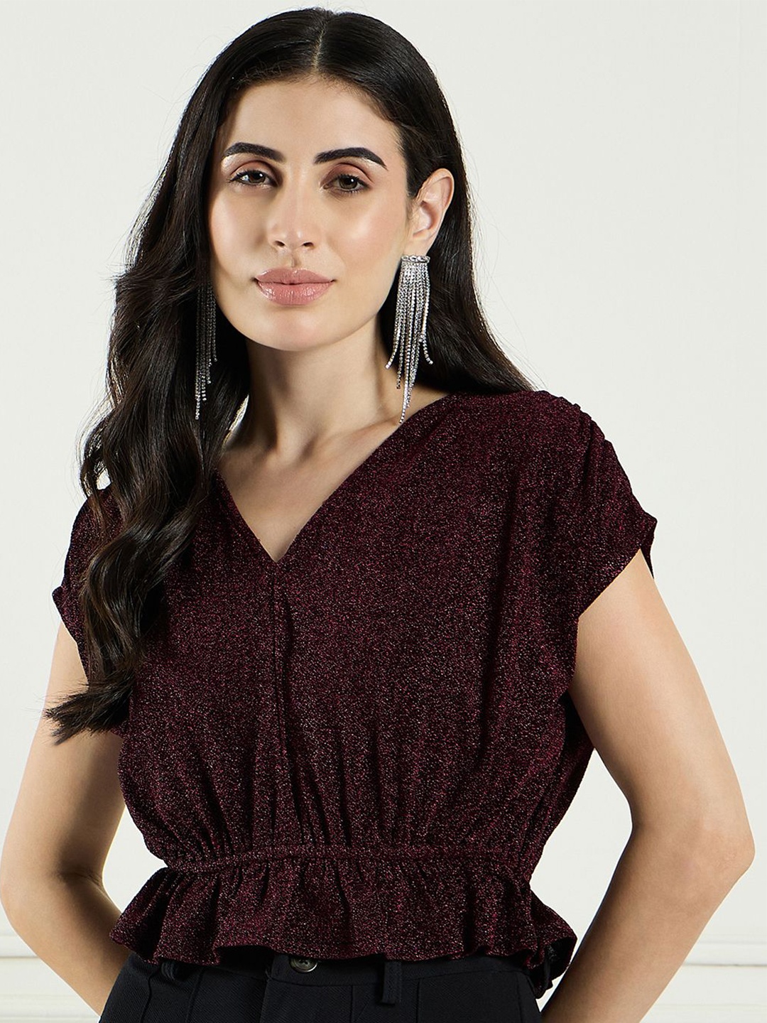 

DRAPE AND DAZZLE Women Embellished Extended Sleeves Solid Cinched Waist Top, Maroon