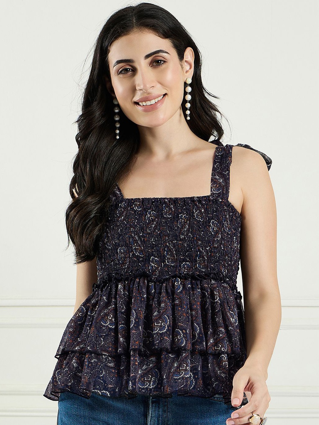 

DRAPE AND DAZZLE Women Shoulder Straps Sleeveless Floral Print Chiffon Tiered Top, Navy blue