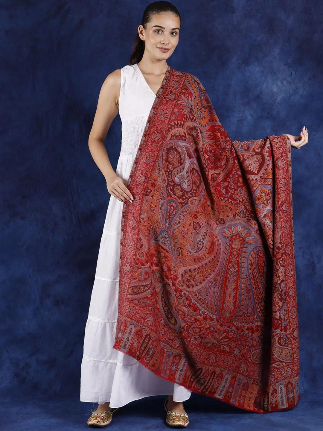 

Exotic India Scarlet Sage Pure Wool Kani Jamawar Shawl with Woven Paisleys & Flowers, Red