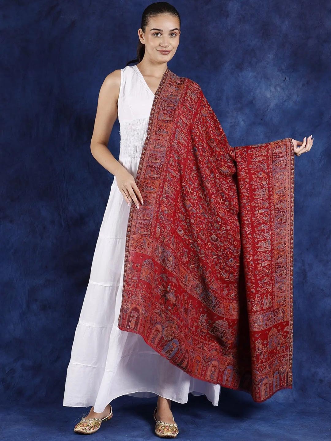 

Exotic India Savvy Red Woven Mughal Procession Kani Jamawar Shawl