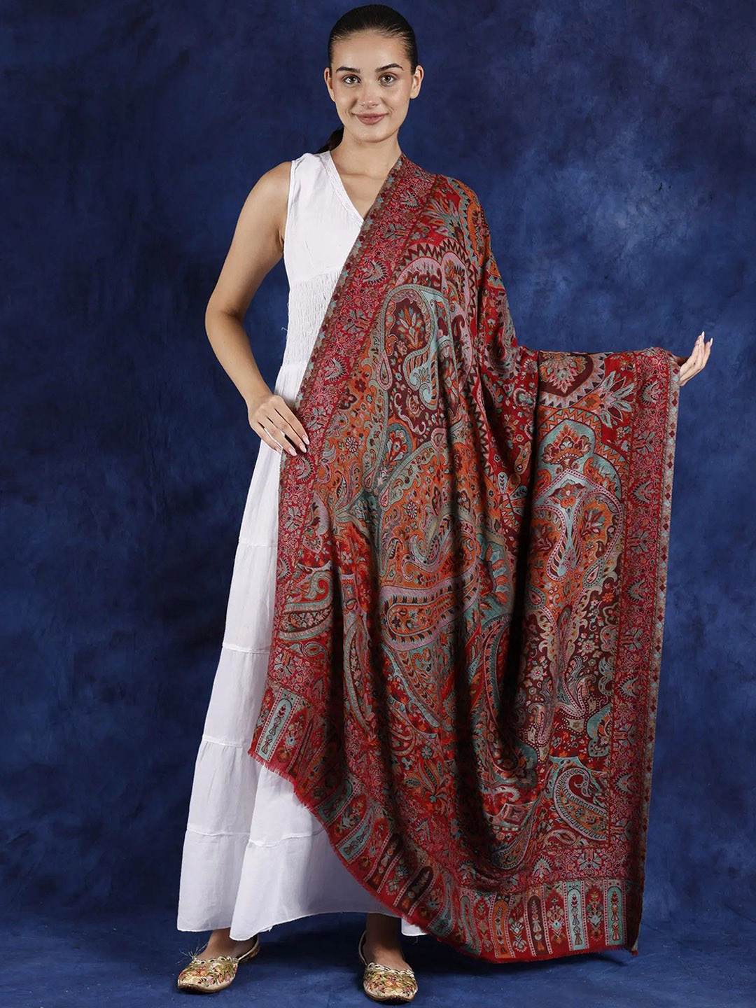 

Exotic India Paisley Woven Design Pure Woollen Shawl, Red