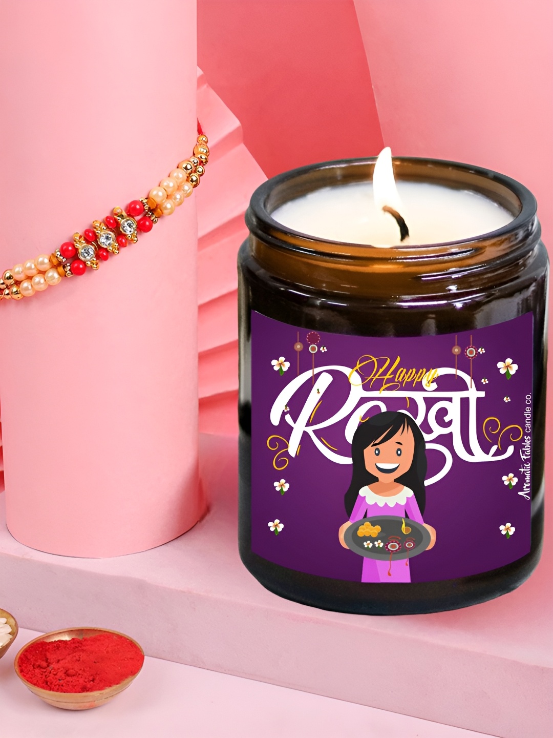 

Aromatic Fables Set Of 2 Rakhi With Orange Bliss Delight Scented Candle & Roli Chawal, White