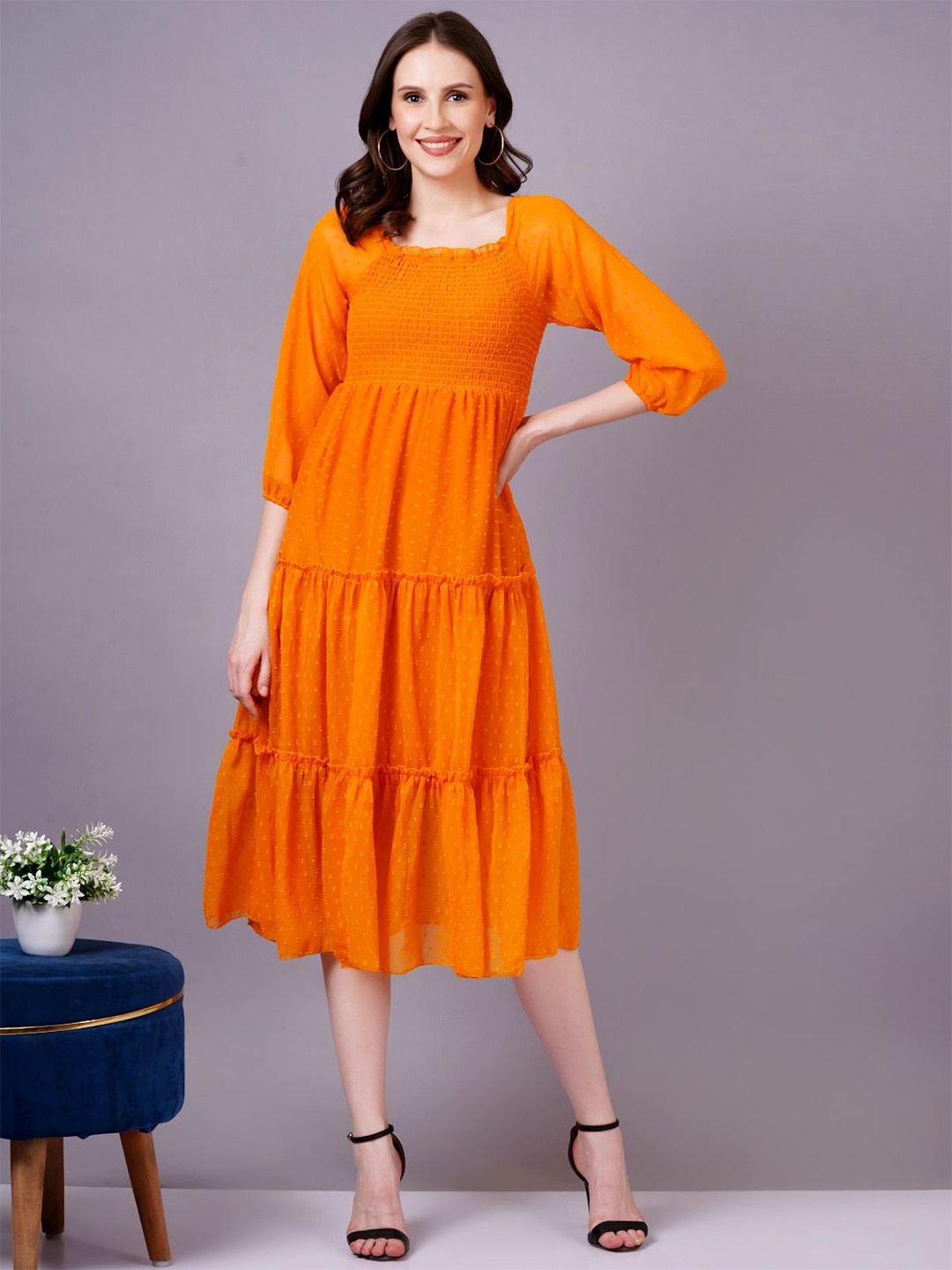 

HIGHLIGHT FASHION EXPORT Women Puff Sleeve Georgette Empire Midi Dress, Orange