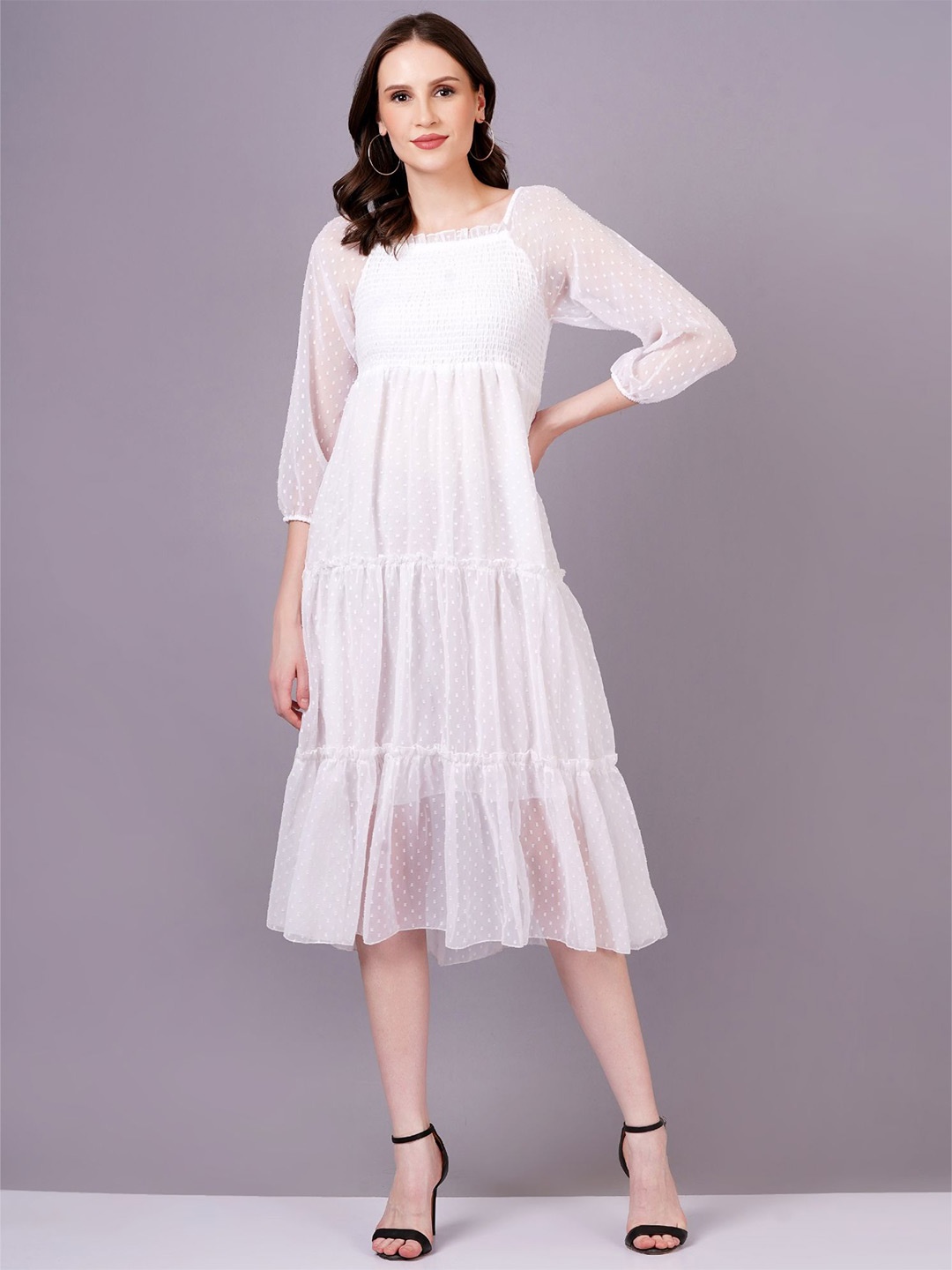 

HIGHLIGHT FASHION EXPORT Women Empire Midi Puff Sleeve Dress, White