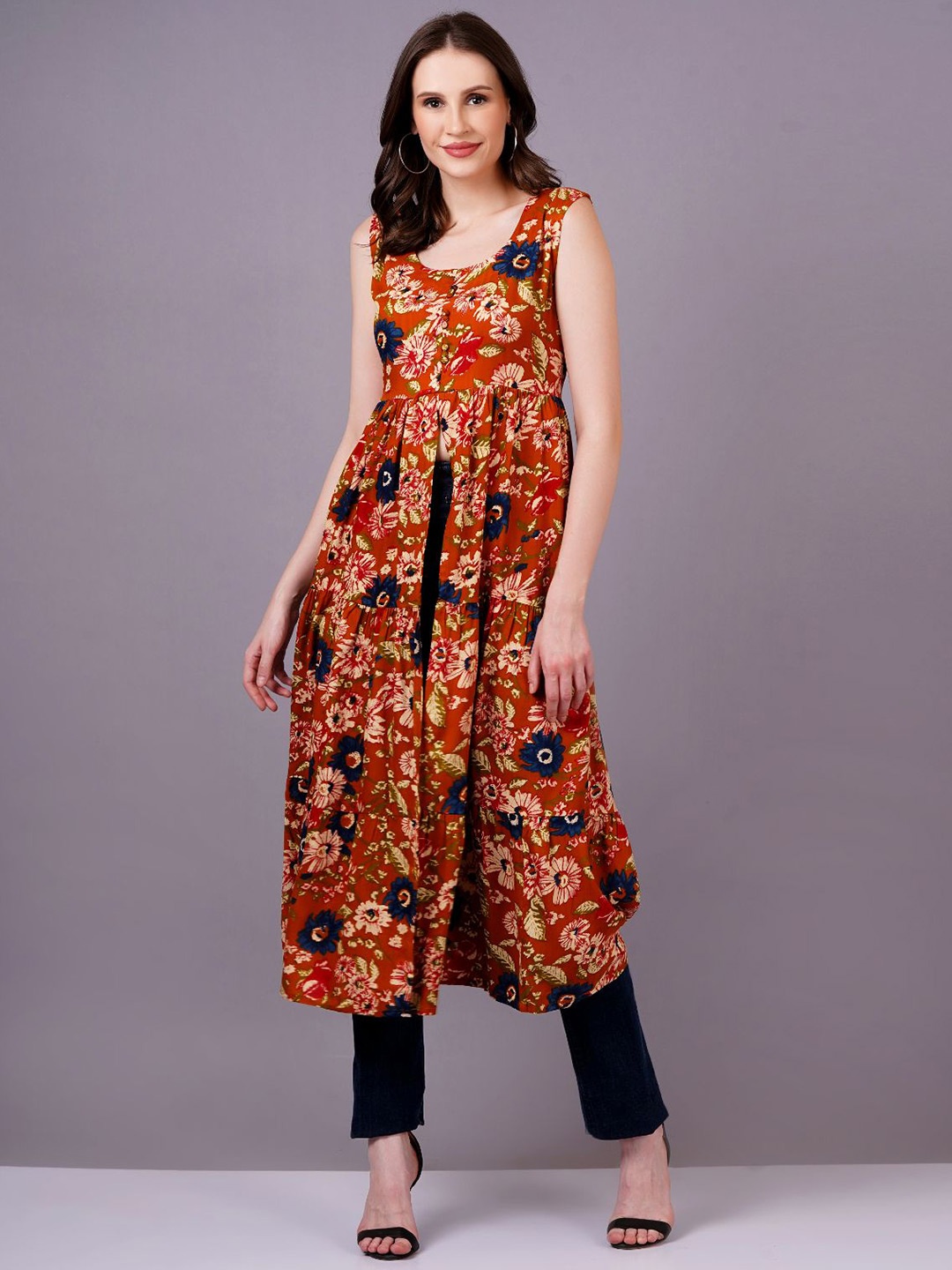 

HIGHLIGHT FASHION EXPORT Floral Print Fit & Flare Midi Dress, Orange