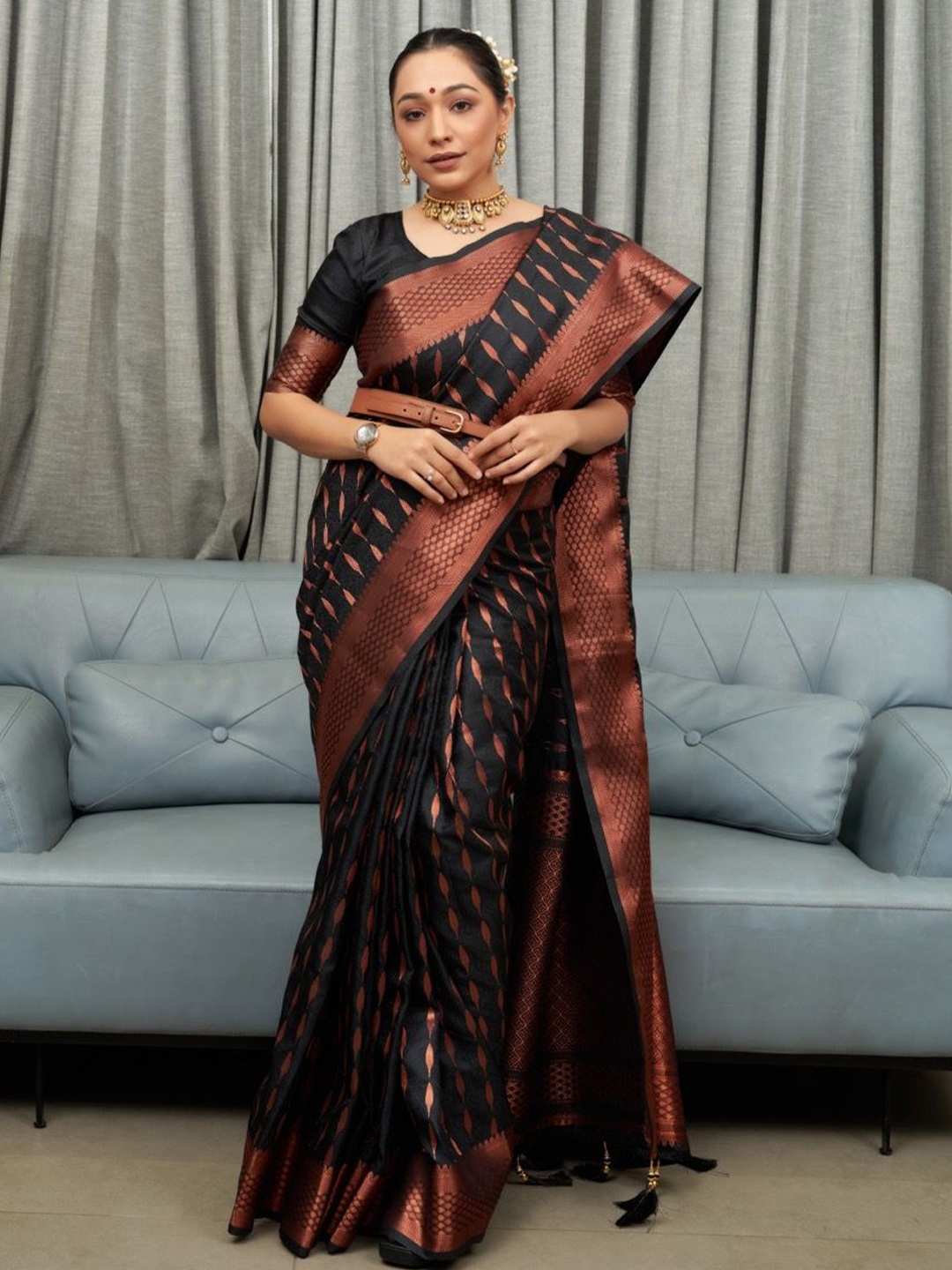

Upalksh Ethnic Motif Zari Woven Striped Banarasi Saree, Black