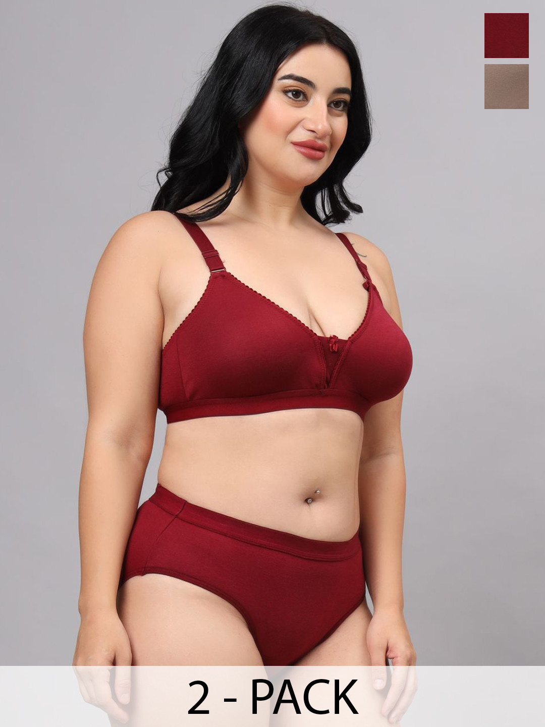 

ESOROUCHA Pack Of 2 Non Padded Lingerie Set SetAliyaMaroonKhaki-30B, Maroon