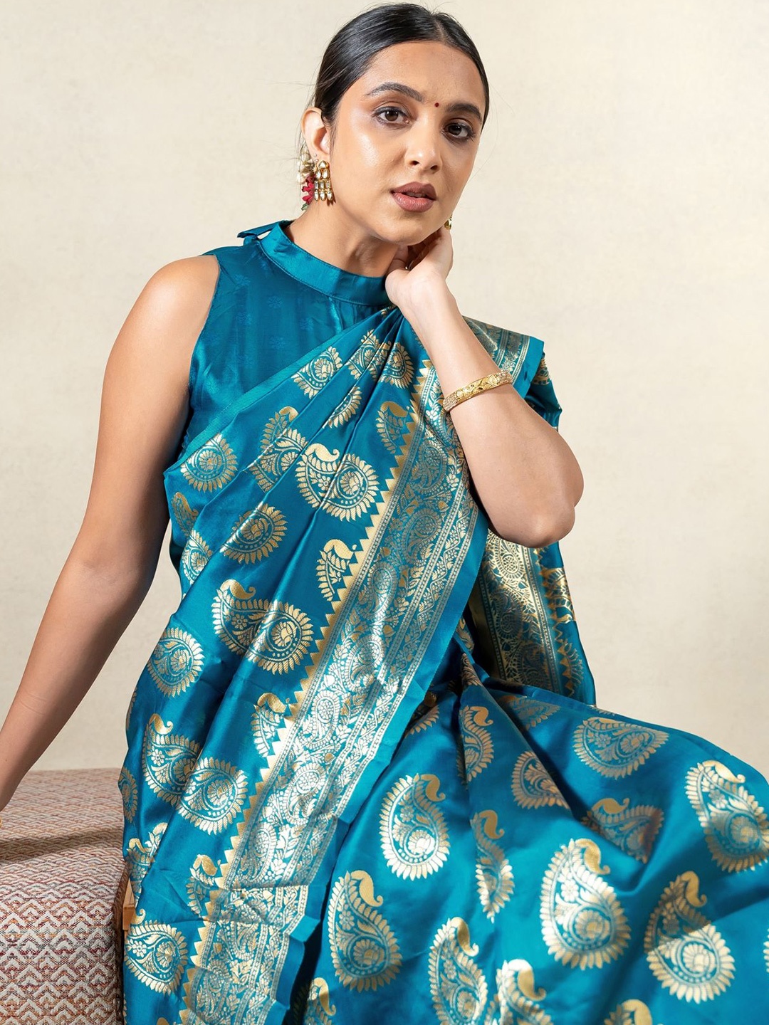 

Subham Paisley Woven Design Zari Block Print Saree, Turquoise blue