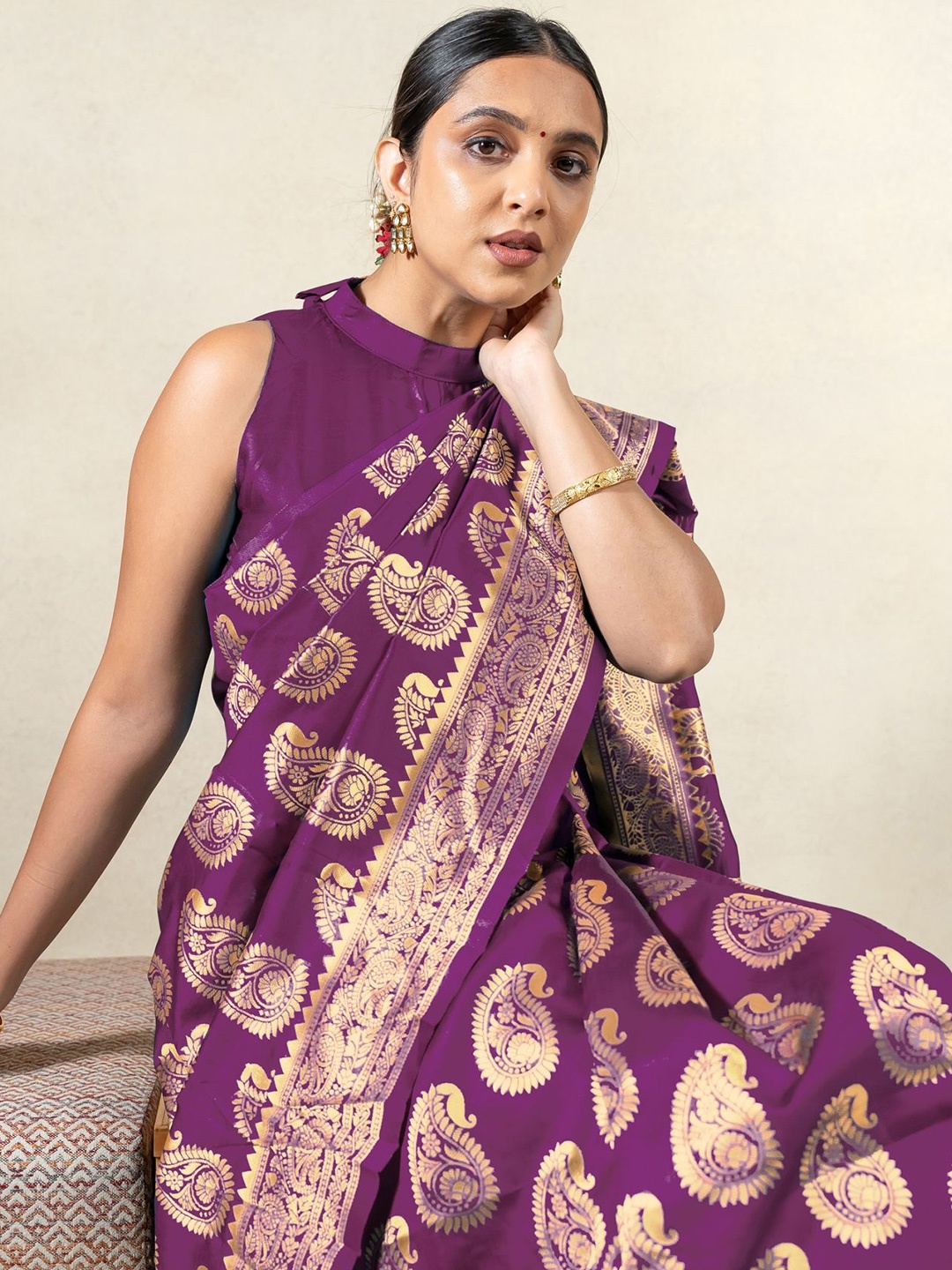 

Subham Paisley Woven Design Zari Block Print Saree, Purple