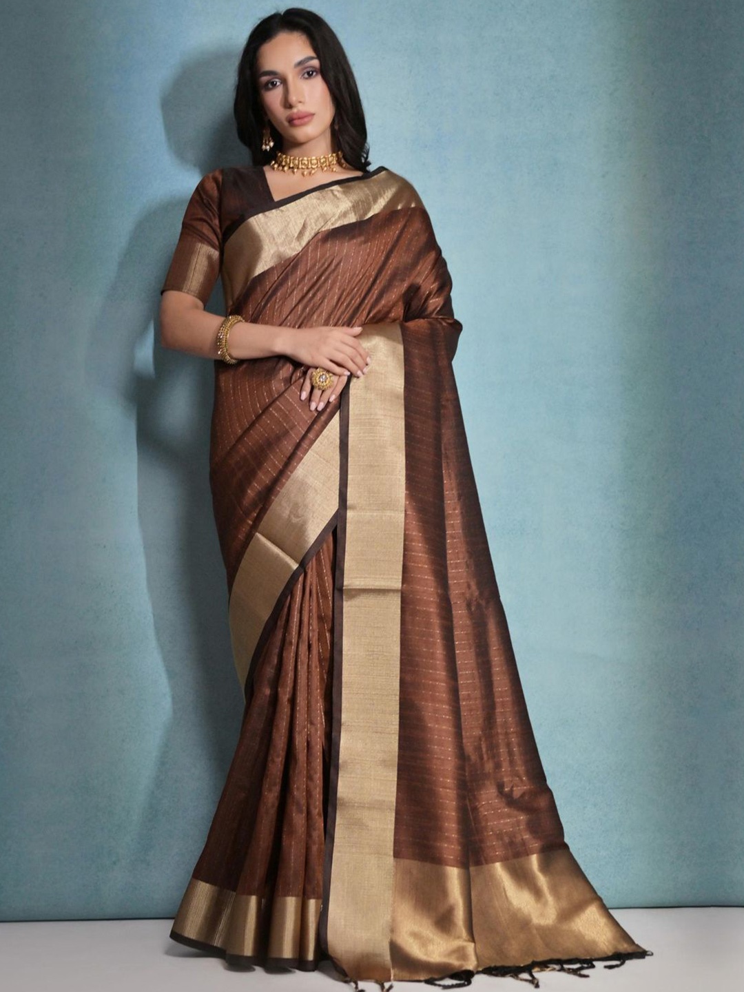 

Panzora Striped Zari Woven Saree with Tassel Detail, Brown