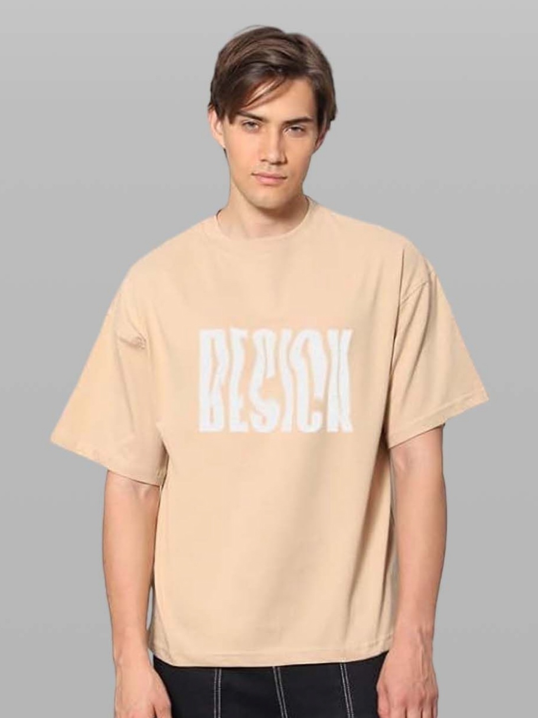 

Besick Men Typography Printed Round Neck Oversized T-shirt, Beige