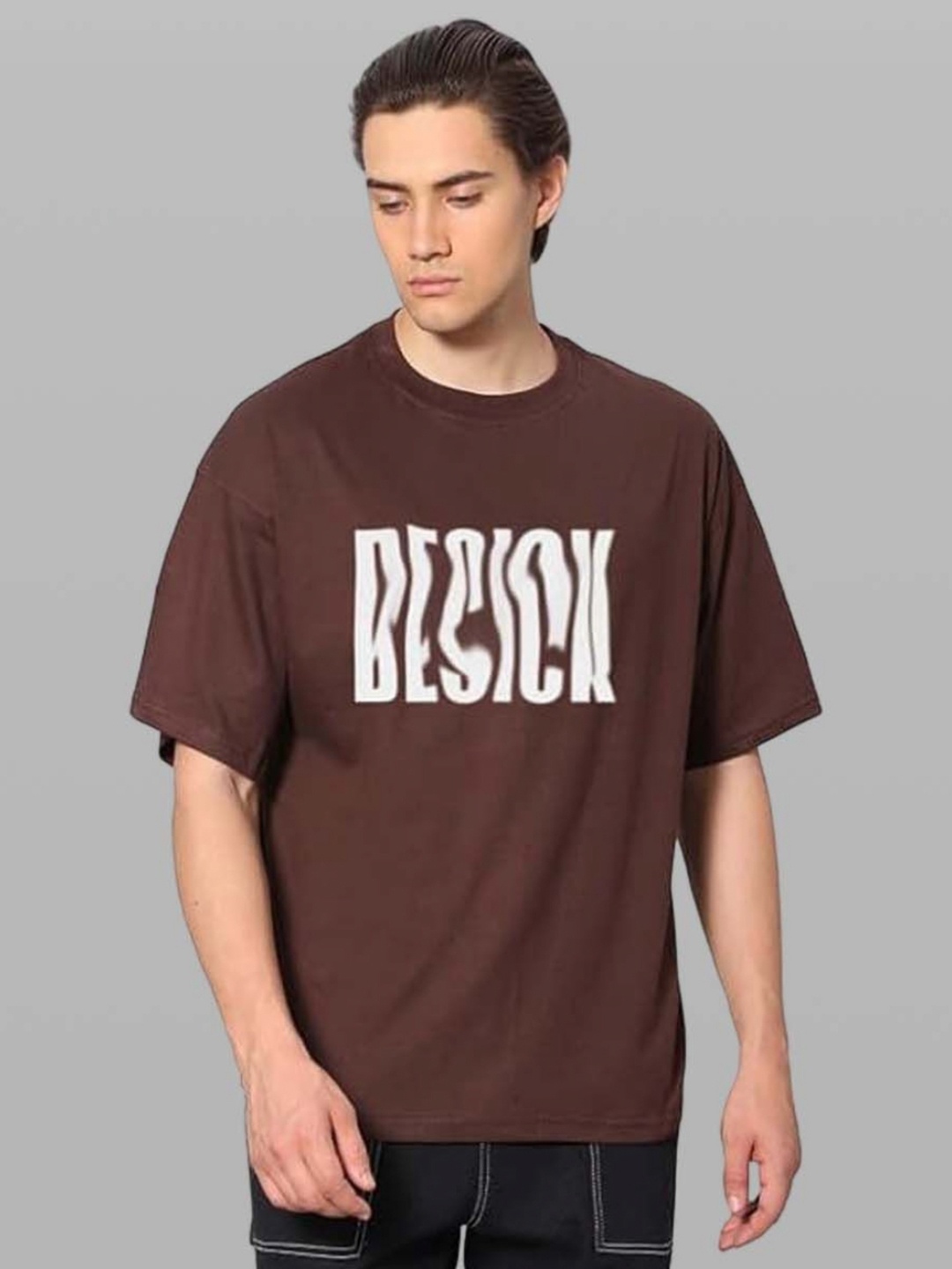 Besick Men Typography Printed Round Neck Oversized T-shirt, Brown