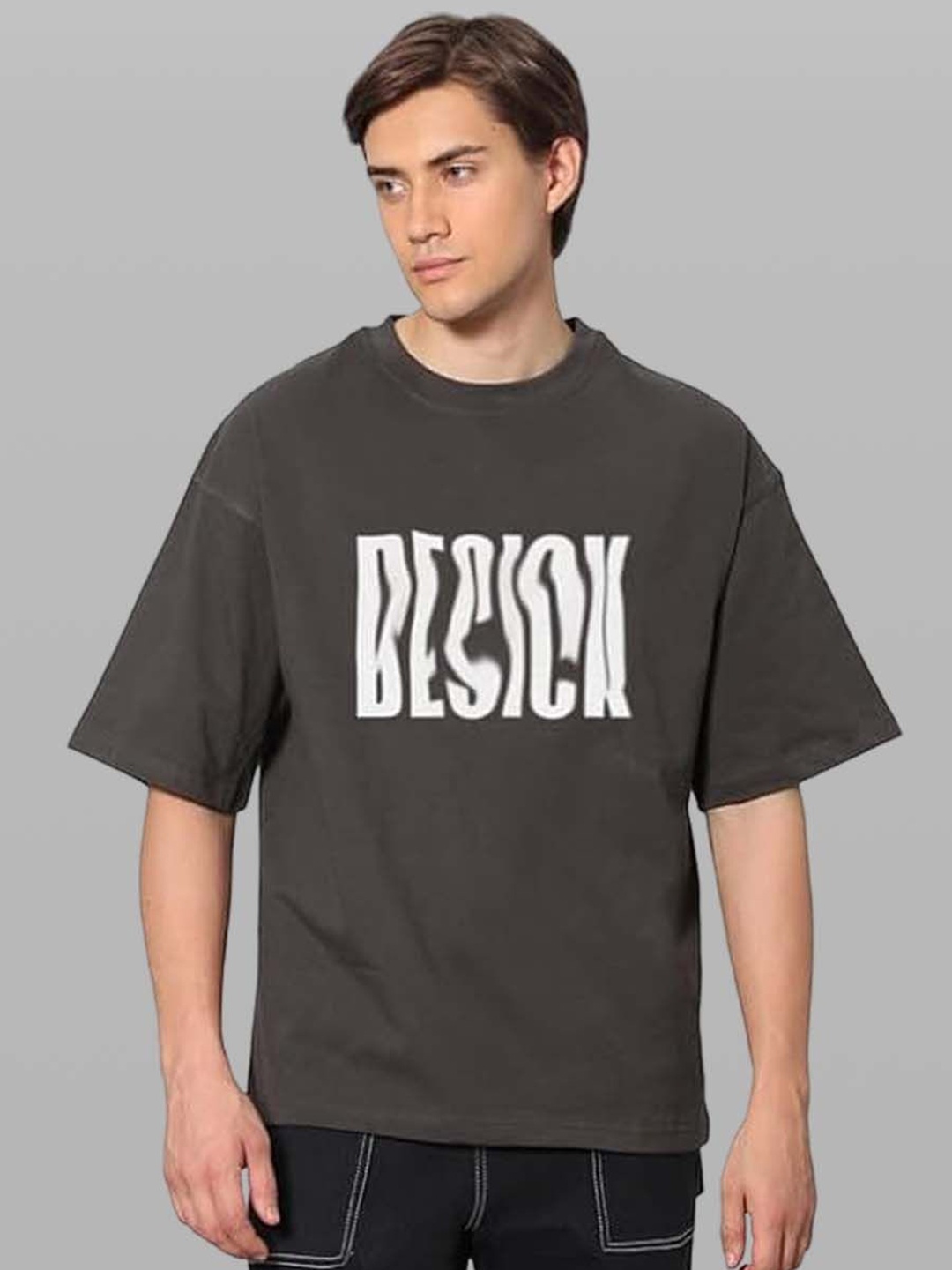 

Besick Men Typography Printed Round Neck Oversized T-shirt, Grey