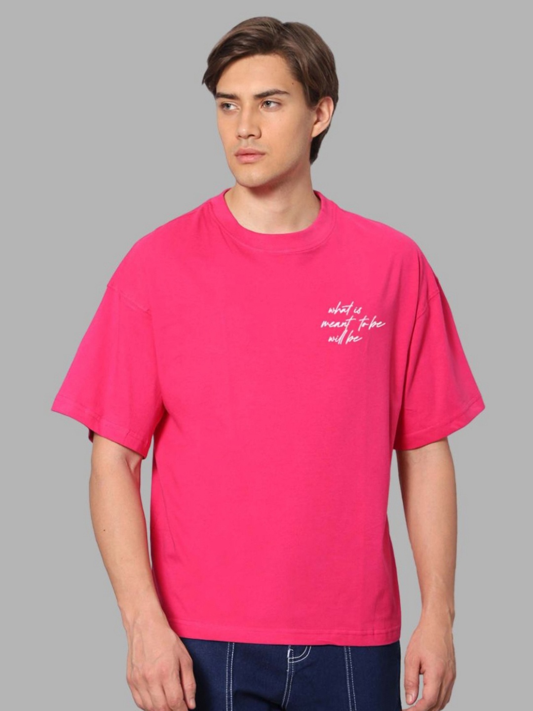 

Besick Men Typography Printed Round Neck Oversized T-shirt, Pink