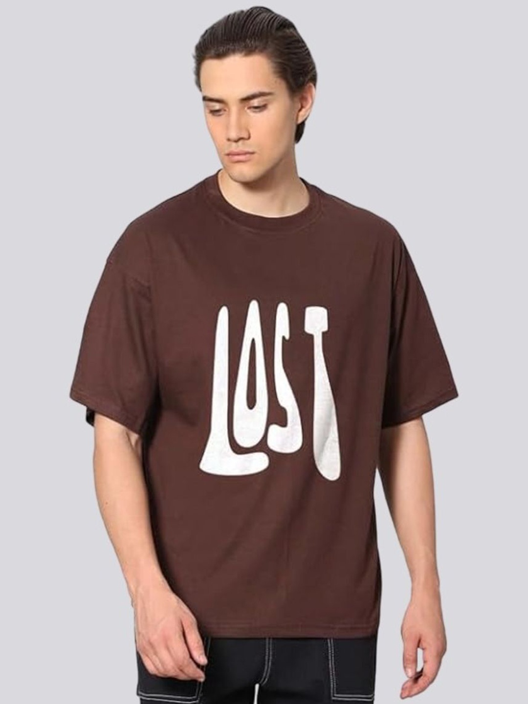 

Besick Men Typography Printed Round Neck Oversized T-shirt, Brown