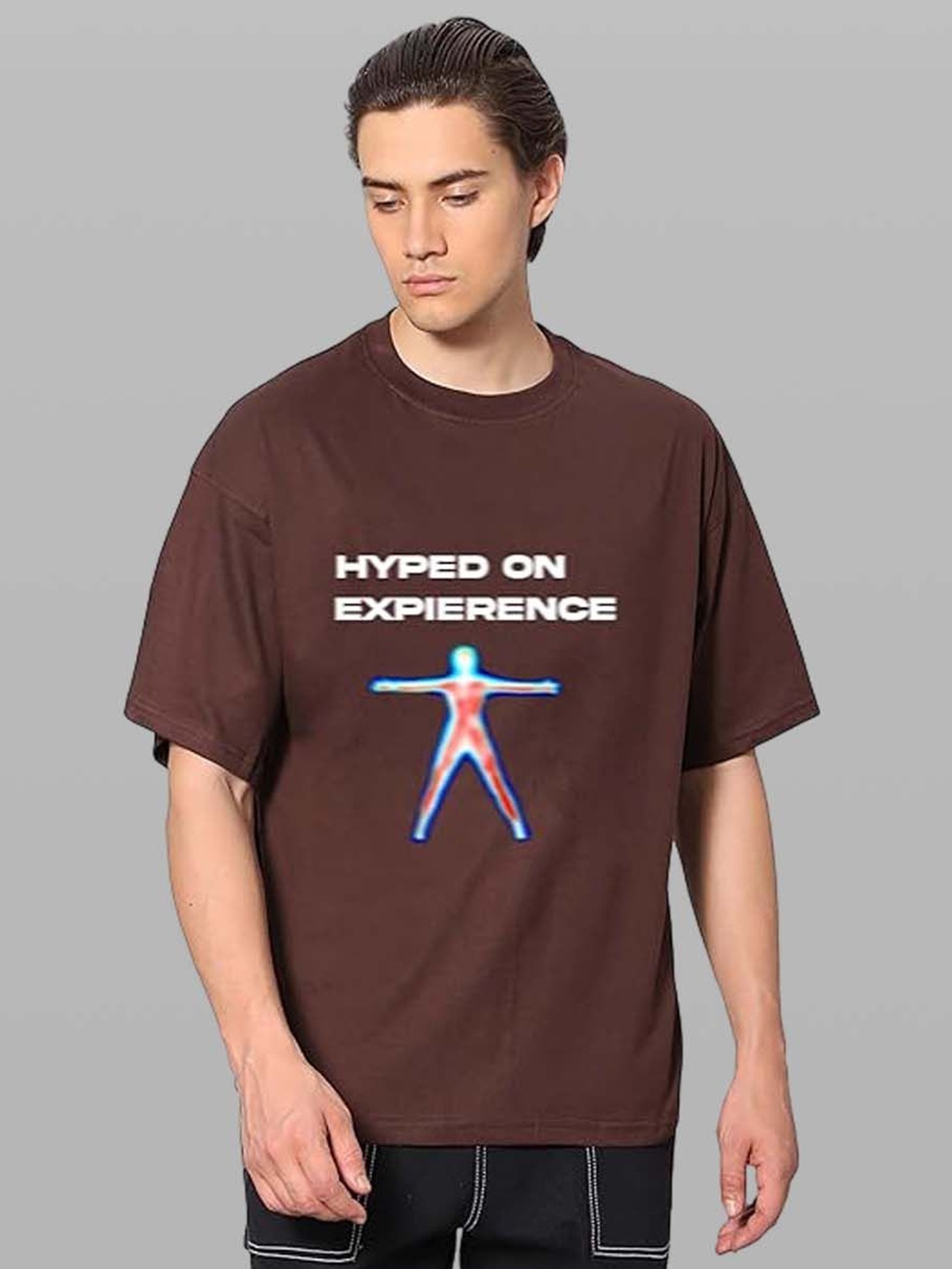 Besick Men Typography Printed Round Neck Oversized T-shirt, Brown