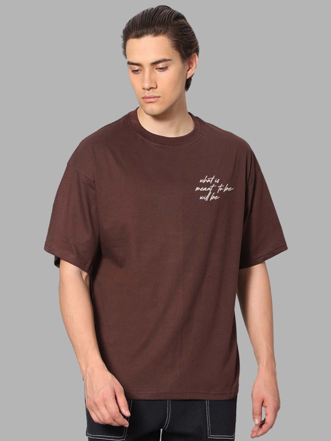 

Besick Men Typography Printed Round Neck Oversized T-shirt, Brown