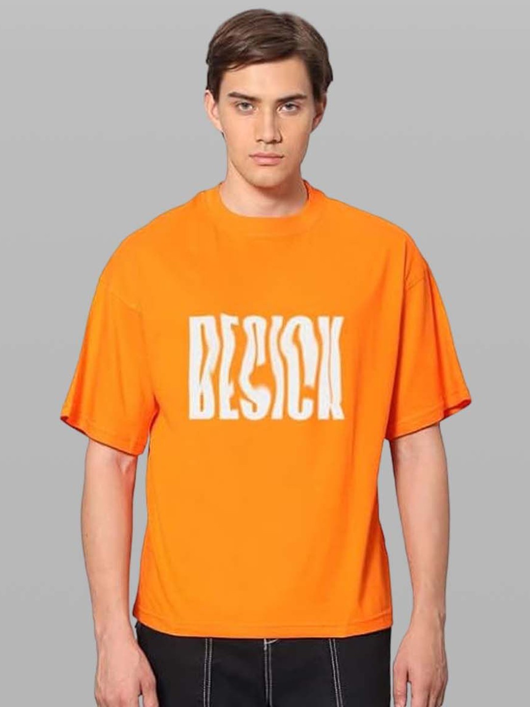 

Besick Men Typography Printed Round Neck Oversized T-shirt, Orange